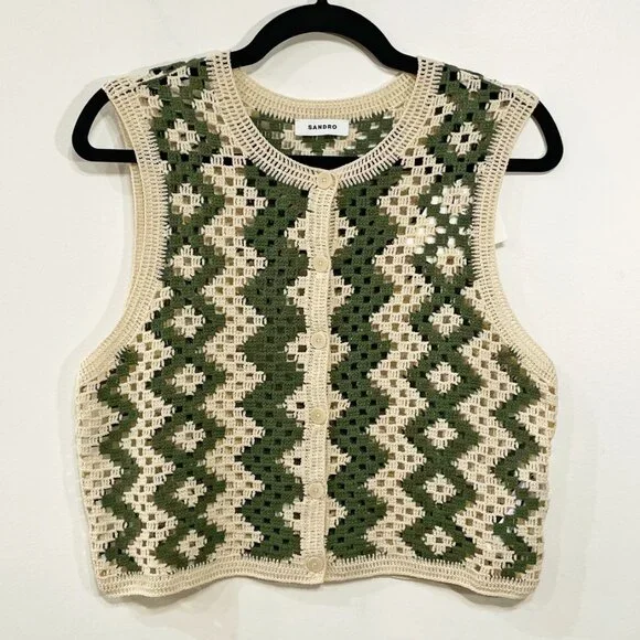 New Sandro Henrika Geo Crochet Vest Ecru Olive Large $295 - Picture 4 of 9